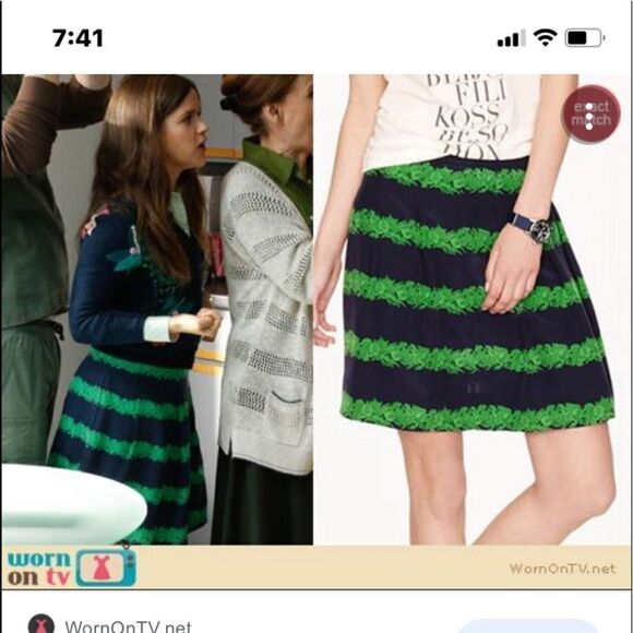 ASO The Mindy Project J. Crew 100% Silk Kelly Green Navy Blue Beanstalk Skirt - Picture 15 of 15